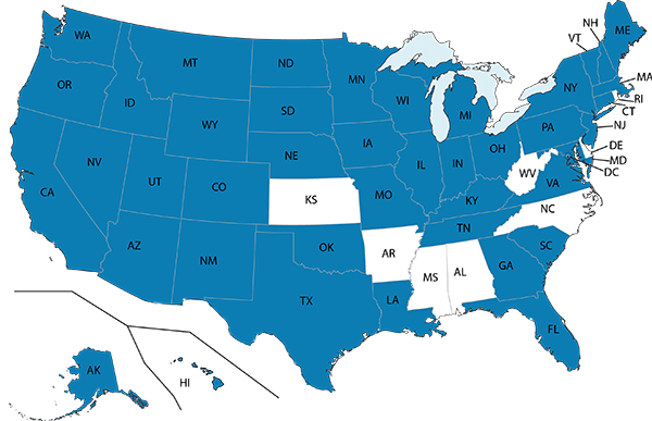 Map of the US with all states other than AL, AR, DE, KS, MS NC, RI, and WV colored blue